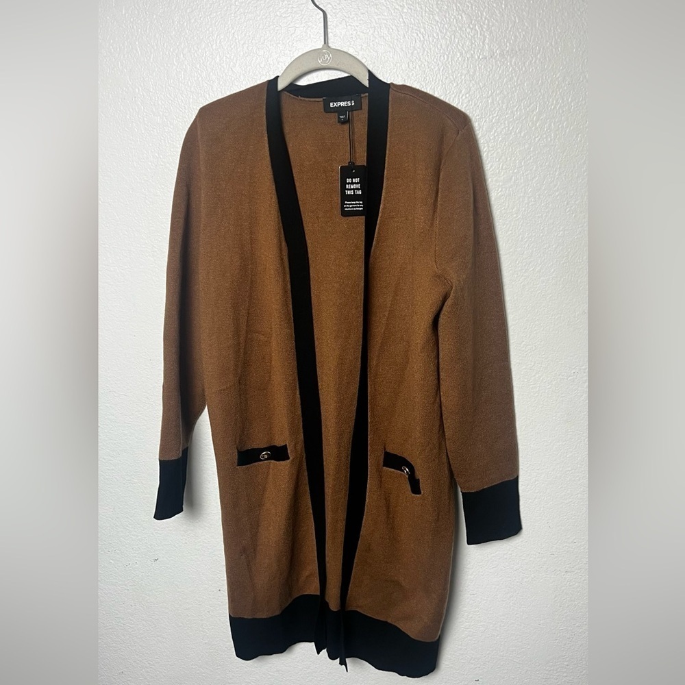 Express Tipped Padded Shoulder Novelty Button Long Cardigan Brown Black S NWT - Picture 3 of 7
